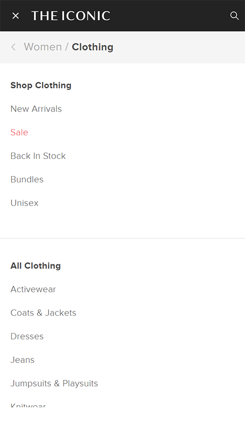 Navigation menu of ecommerce site showing womens clothing options